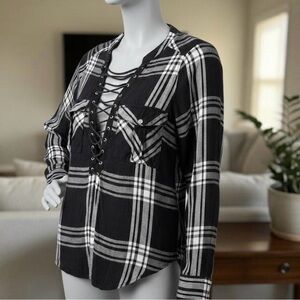 Express Black and White Checkered Lace-Up Blouse
